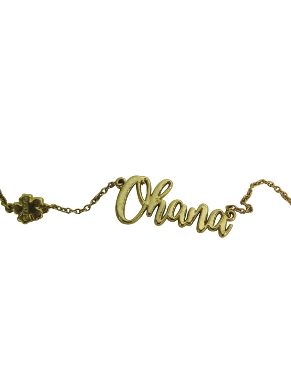 Disney Lilo & Stitch Ohana Cursive Nameplate Necklace Gold-Tone W Hibiscus Charm